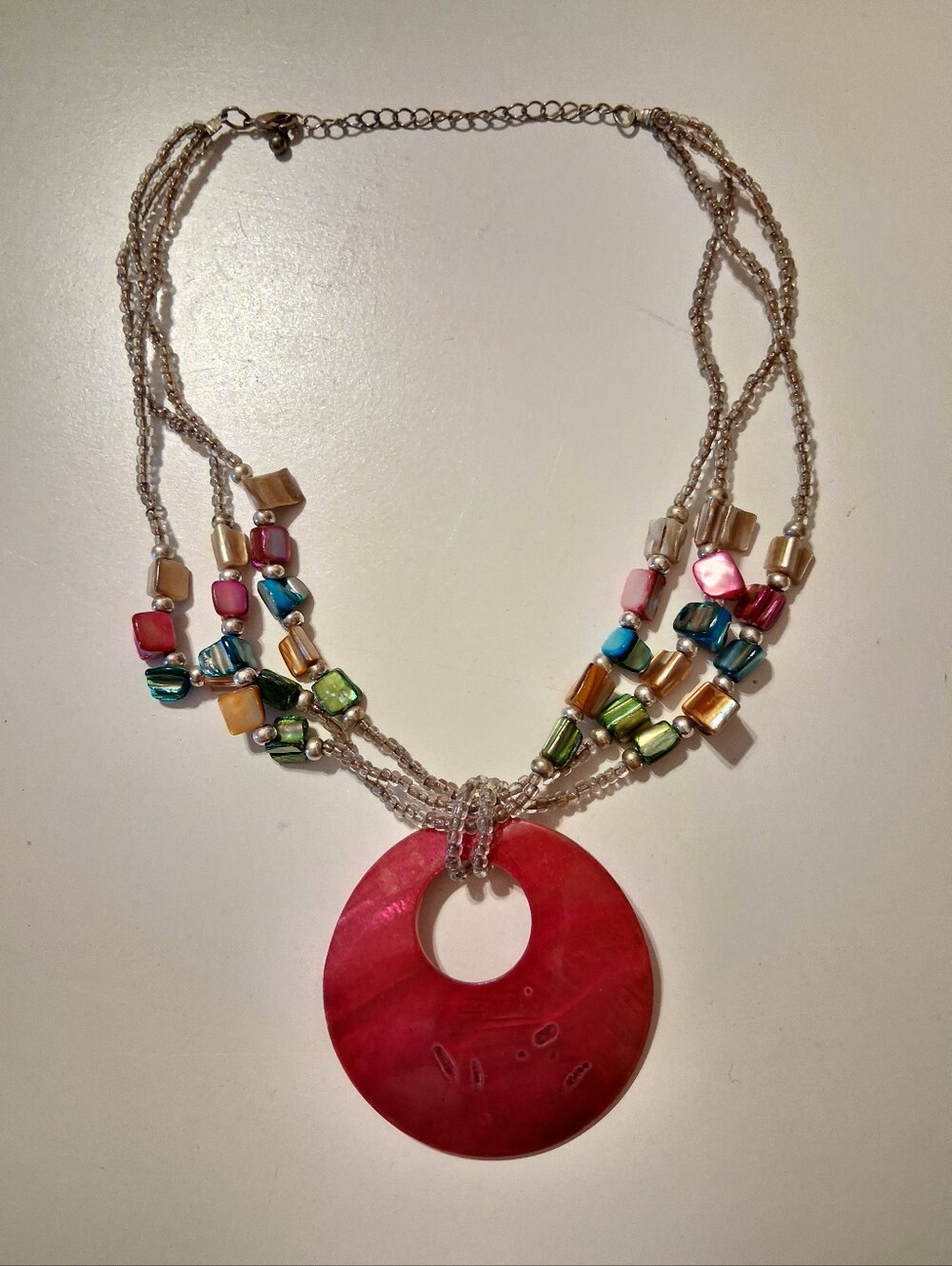 Multicolor Beaded Necklace with Pink Disc Pendant